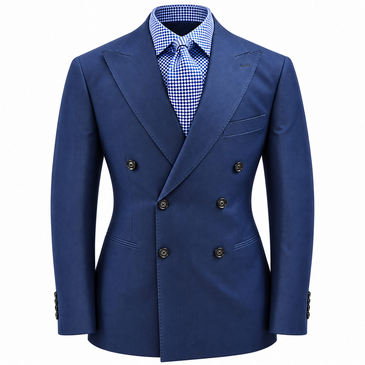 suit-yourself-menswear Canuti blue denim double-breasted suit jacket with peak lapels and a blue checkered shirt