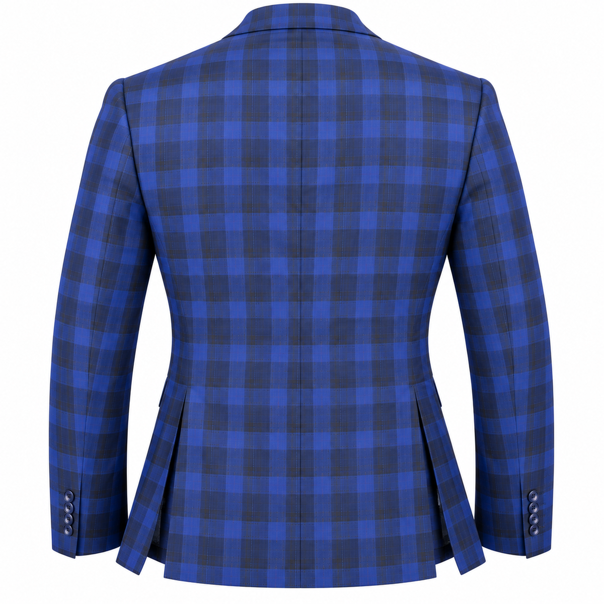 Back view of a suit-yourself-menswear Tiglio Portofino blue and navy plaid suit jacket with double side vents.