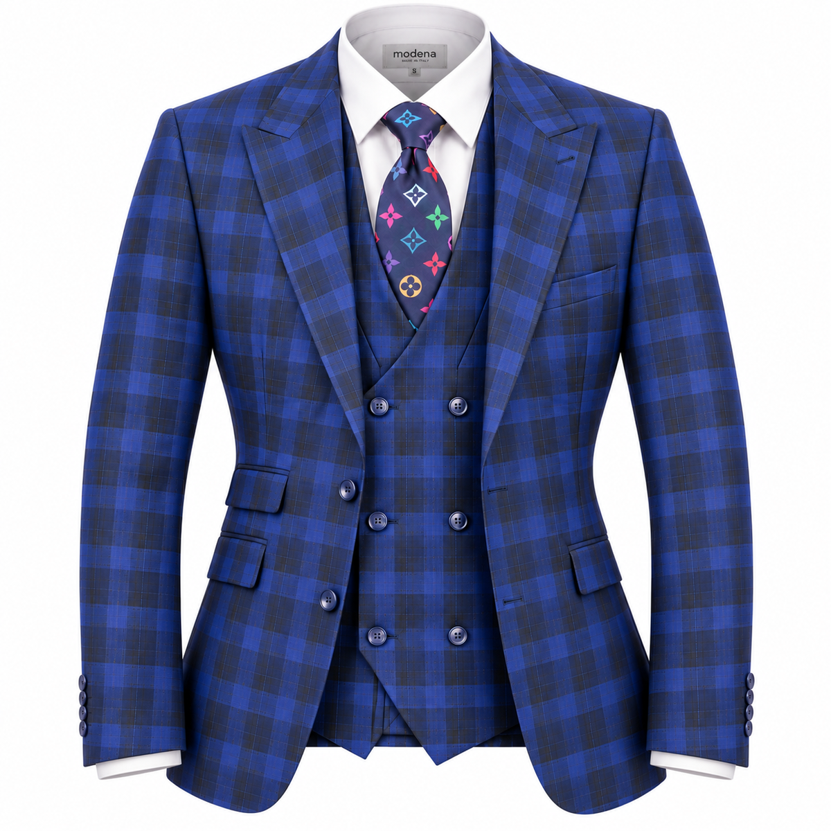 suit-yourself-menswear Tiglio Portofino blue and navy plaid 3-piece suit with a double-breasted vest and peak lapels
