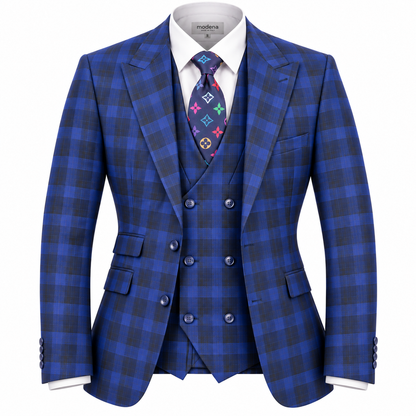 suit-yourself-menswear Tiglio Portofino blue and navy plaid 3-piece suit with a double-breasted vest and peak lapels