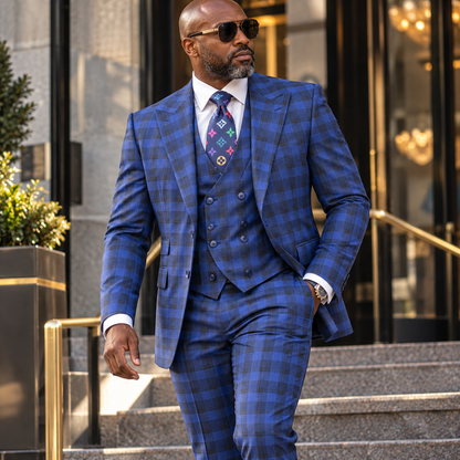 suit-yourself-menswear Tiglio Portofino blue and navy plaid 3-piece suit with double-breasted vest worn by a man