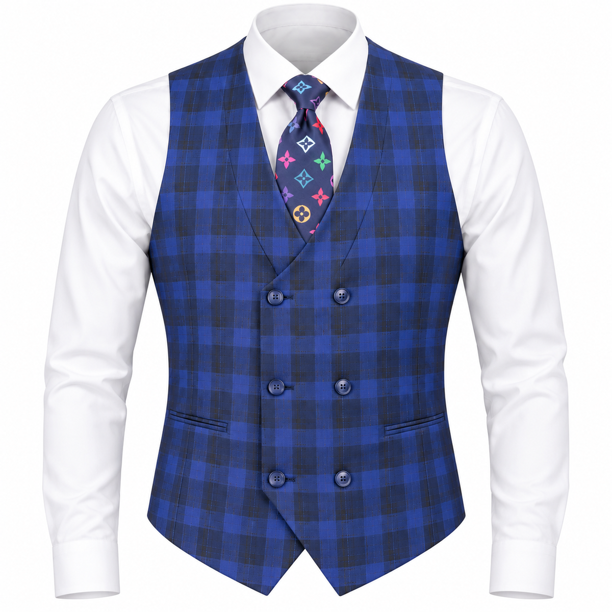 suit-yourself-menswear blue navy plaid double-breasted vest worn over a white dress shirt with a patterned tie