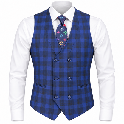 suit-yourself-menswear blue navy plaid double-breasted vest worn over a white dress shirt with a patterned tie