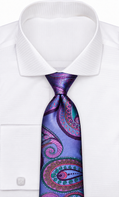 suit-yourself-menswear BRUNO 4 blue and purple paisley silk necktie tied on a crisp white dress shirt