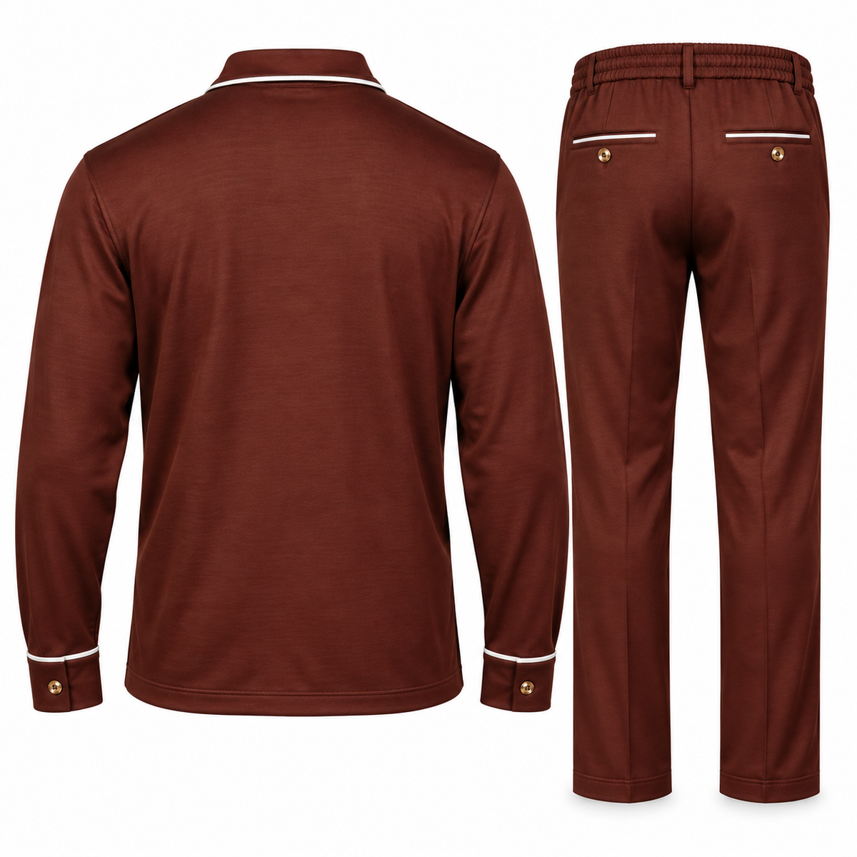 suit-yourself-menswear brown two-piece casual set with long-sleeve shirt and trousers featuring contrast piping