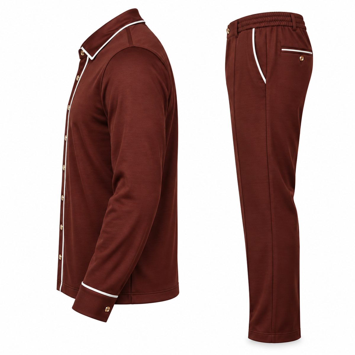 suit-yourself-menswear brown two-piece casual set with long-sleeve button-front shirt and trousers featuring piping