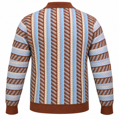 Back view of suit-yourself-menswear brown sweater with blue and cream vertical chevron stripe pattern