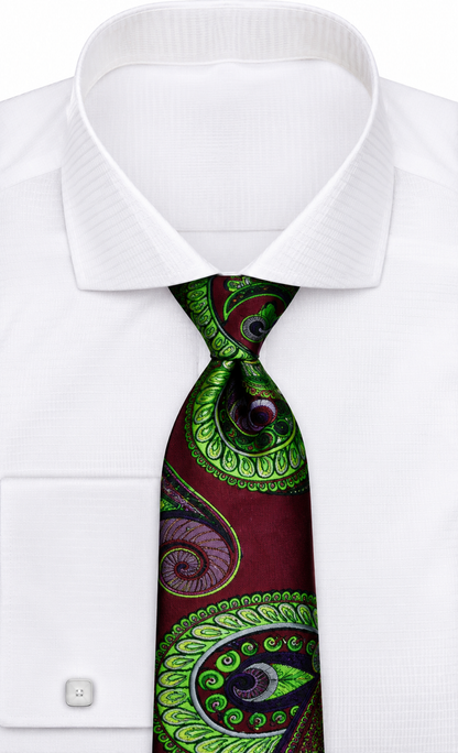 suit-yourself-menswear brown and green paisley necktie tied on a crisp white dress shirt