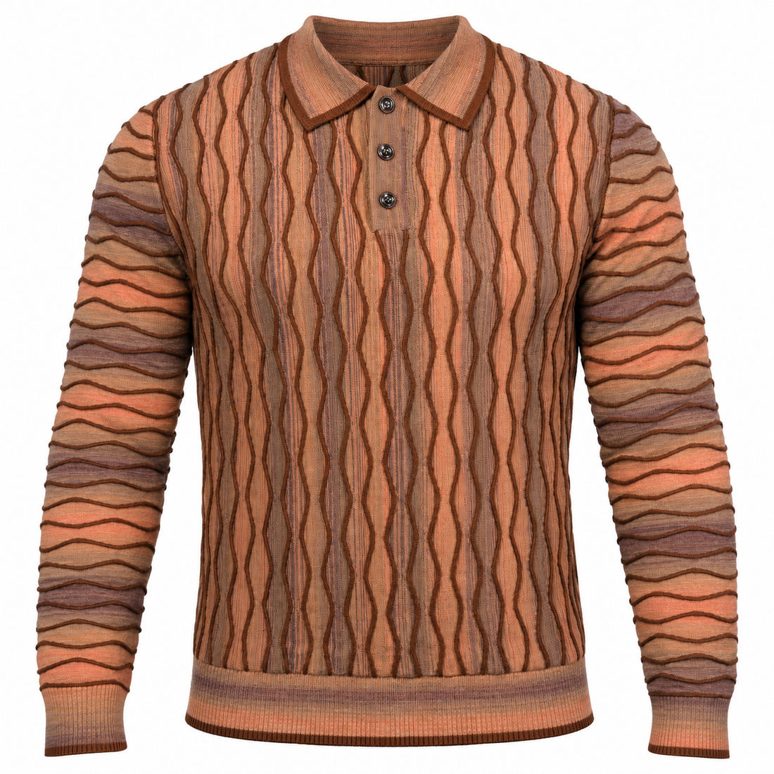 suit-yourself-menswear brown knit polo sweater with textured vertical wave patterns and a three-button placket.