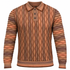 suit-yourself-menswear brown knit polo sweater with textured vertical wave patterns and a three-button placket.
