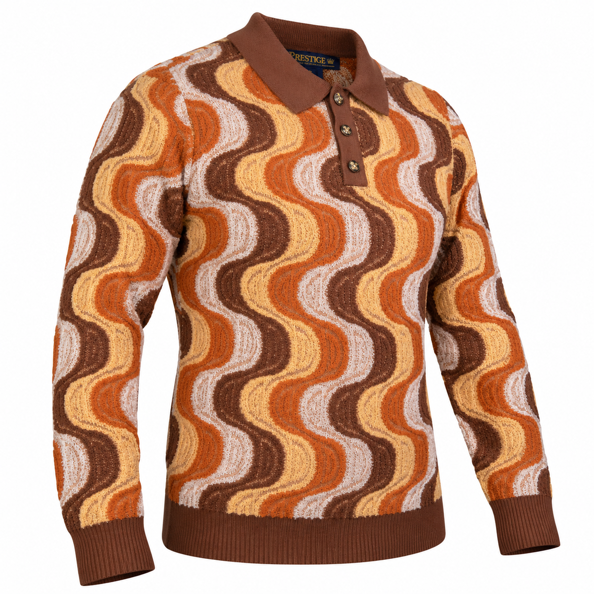 suit-yourself-menswear brown and orange retro wave pattern knit polo sweater with a three-button placket