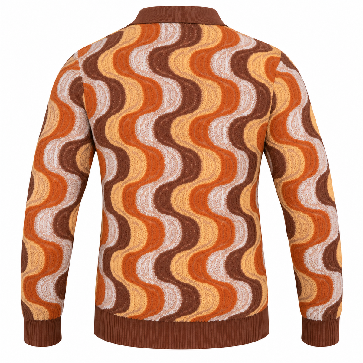 suit-yourself-menswear Prestige Original brown and orange long-sleeve knit polo sweater with a retro wave pattern