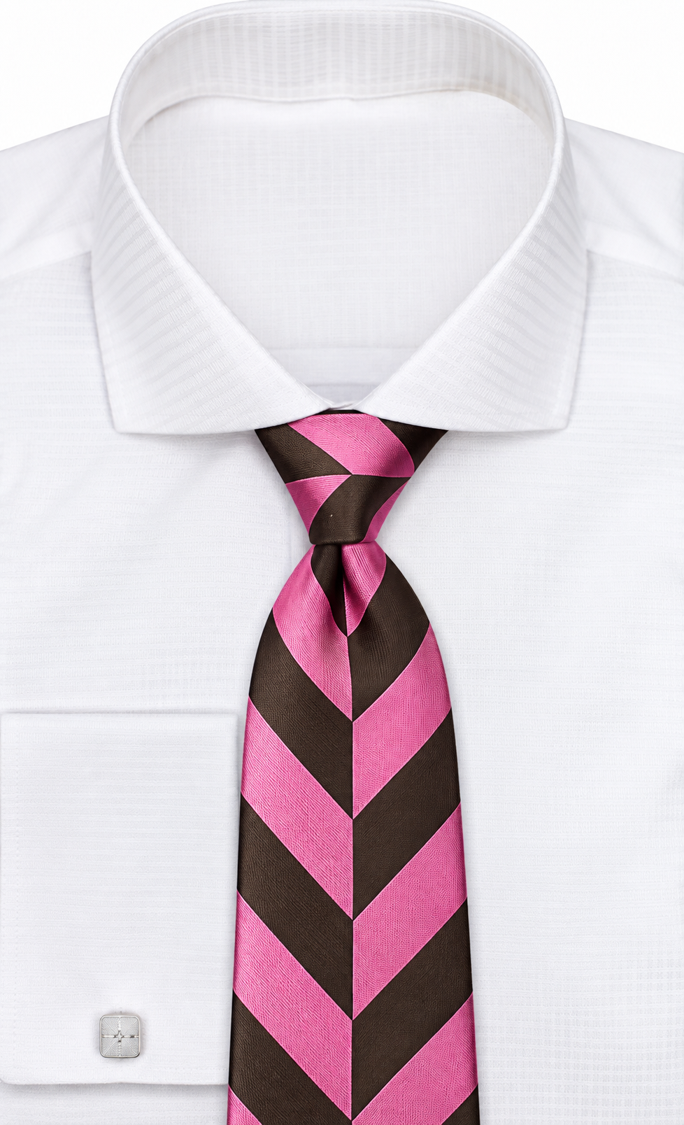 suit-yourself-menswear brown and pink chevron patterned necktie tied on a white dress shirt