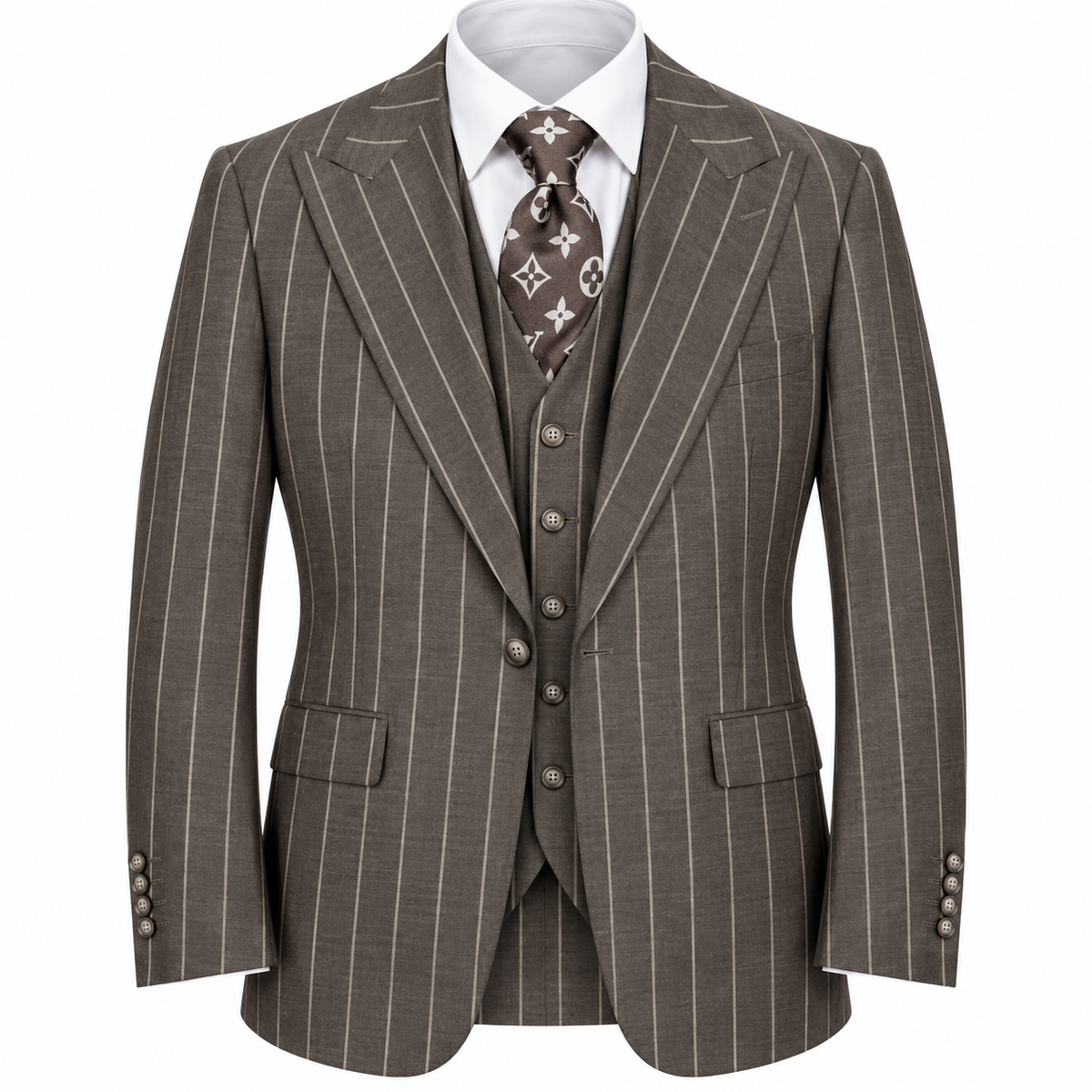 suit-yourself-menswear Tiglio Bardolini brown 3-piece suit with bold pinstripes, vest, and patterned tie