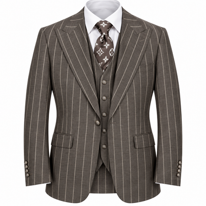suit-yourself-menswear Tiglio Bardolini brown 3-piece suit with bold pinstripes, vest, and patterned tie