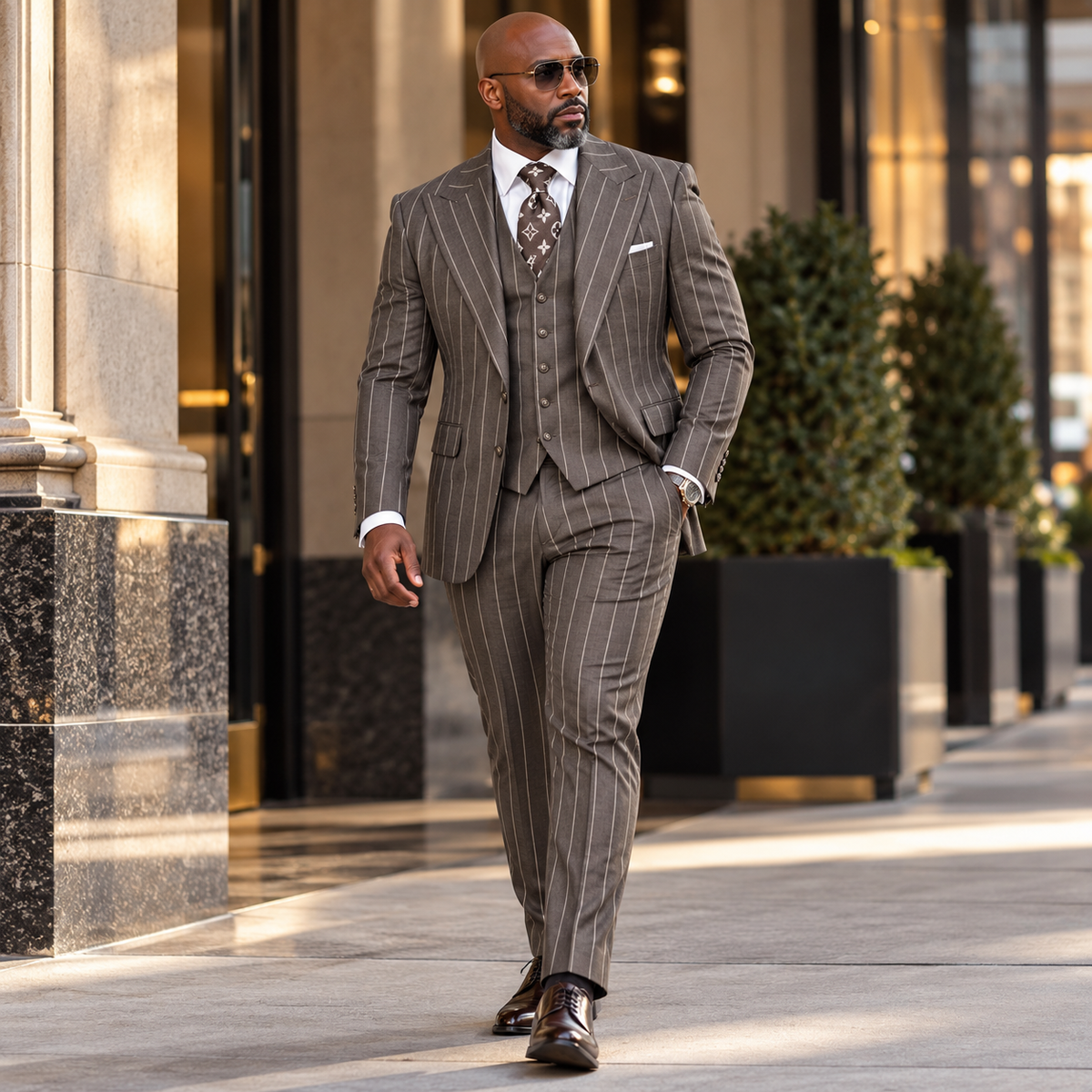 suit-yourself-menswear Tiglio Bardolini brown 3-piece suit with bold pinstripes worn by a man in an urban setting