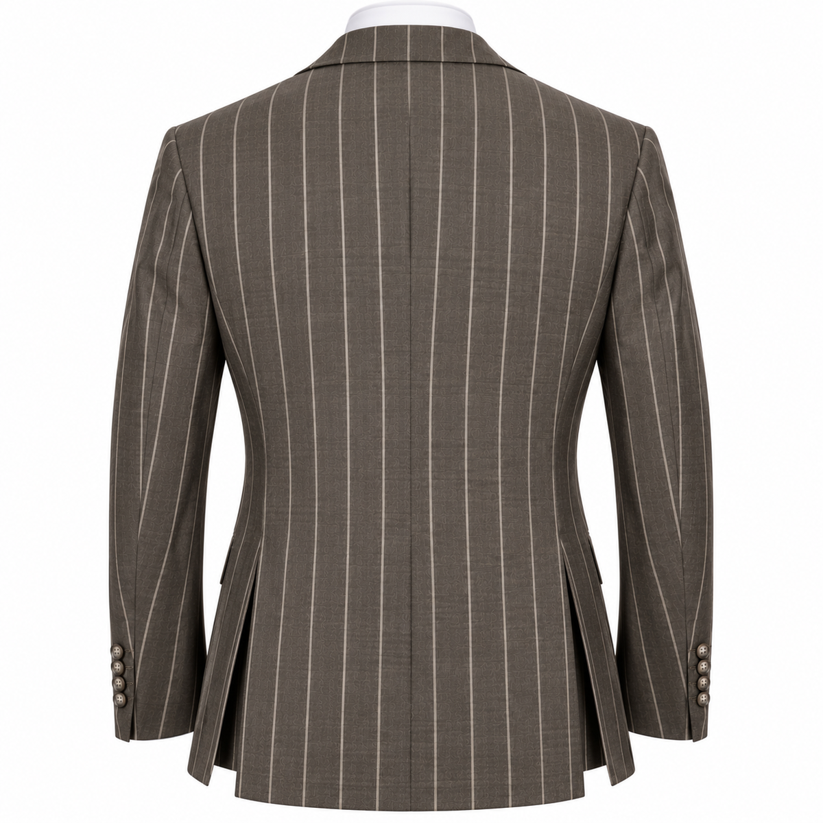 Back view of a brown Tiglio Bardolini wool suit jacket with bold pinstripes and double vents by suit-yourself-menswear