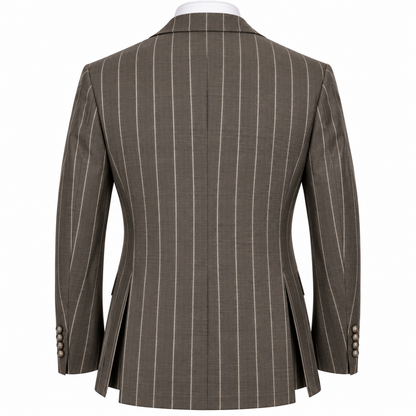 Back view of a brown Tiglio Bardolini wool suit jacket with bold pinstripes and double vents by suit-yourself-menswear