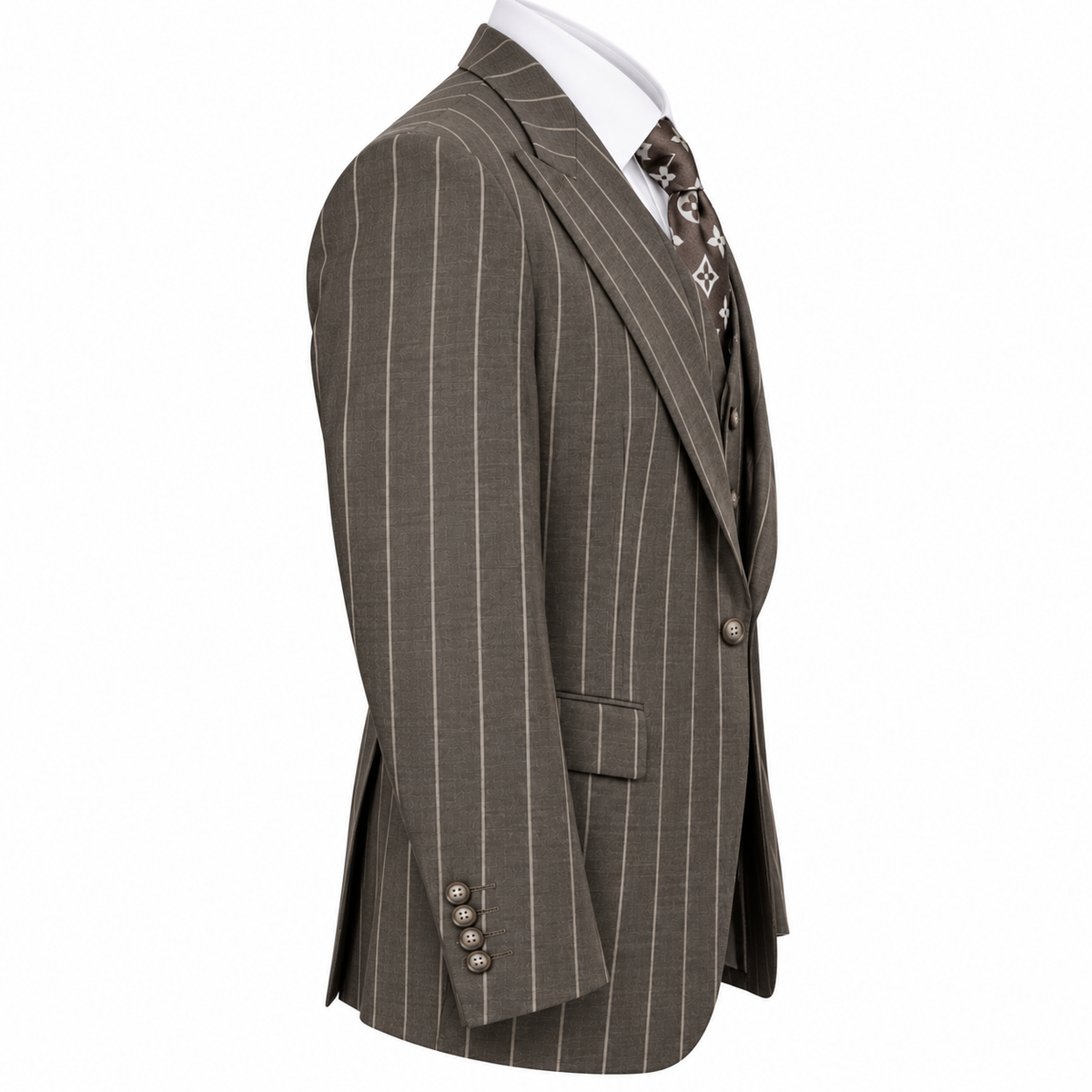 suit-yourself-menswear Tiglio Bardolini brown wool 3-piece suit with bold pinstripes, side view