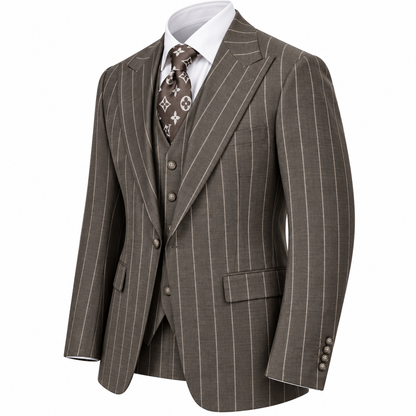 suit-yourself-menswear Tiglio Bardolini brown 3-piece suit with bold pinstripes and tailored wool construction