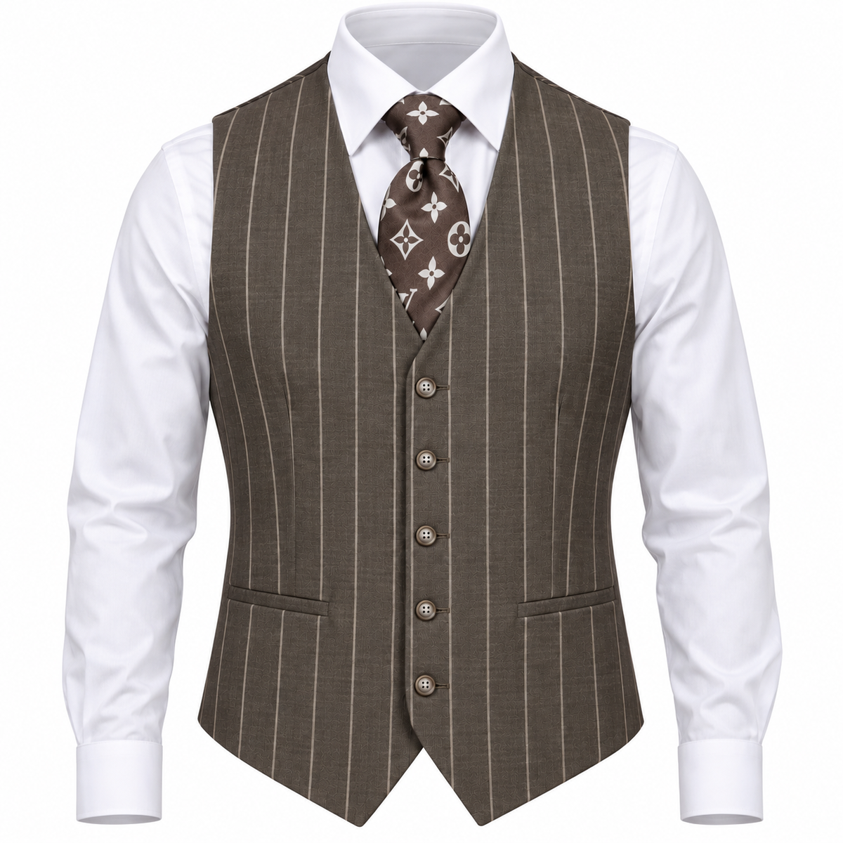 suit-yourself-menswear Tiglio Bardolini brown wool vest with bold pinstripes worn over a white shirt and patterned tie