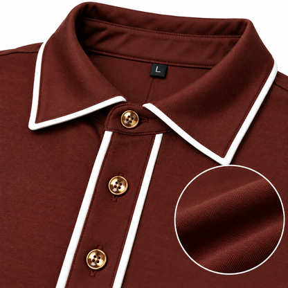 suit-yourself-menswear brown casual shirt with white contrast piping and gold buttons, featuring a fabric detail inset