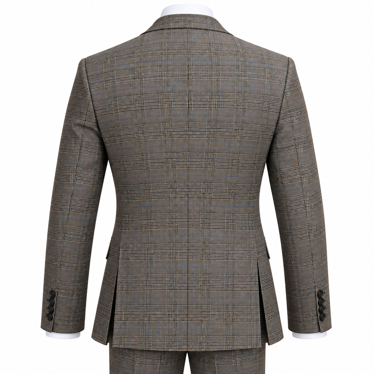 suit-yourself-menswear Canuti brown plaid 3 piece suit jacket back view with double vents and buttoned cuffs