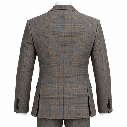 suit-yourself-menswear Canuti brown plaid 3 piece suit jacket back view with double vents and buttoned cuffs