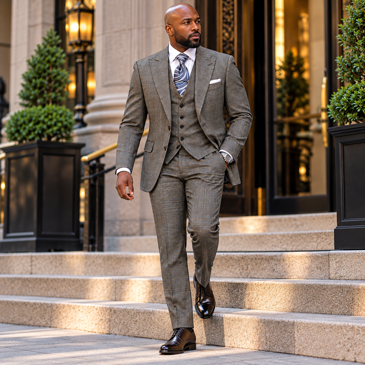 suit-yourself-menswear brown plaid 3 piece suit with tailored jacket, vest, and trousers worn by a man on steps