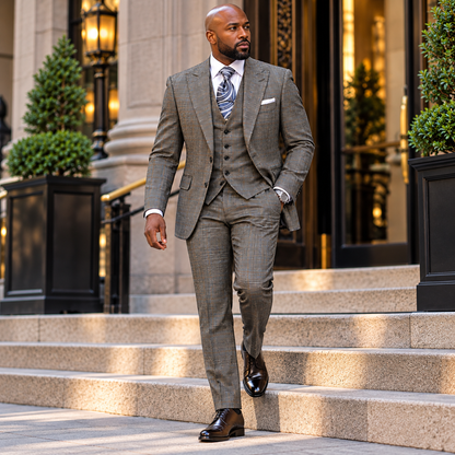 suit-yourself-menswear brown plaid 3 piece suit with tailored jacket, vest, and trousers worn by a man on steps