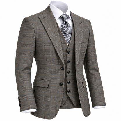 suit-yourself-menswear brown plaid 3 piece suit with tailored jacket, matching vest, and white shirt with grey tie