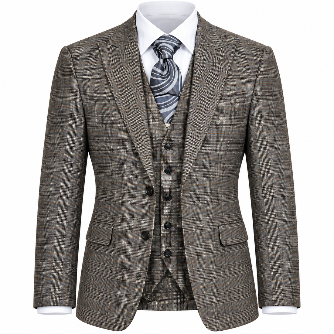 suit-yourself-menswear Canuti brown plaid 3 piece suit with tailored jacket, matching vest, and patterned necktie.