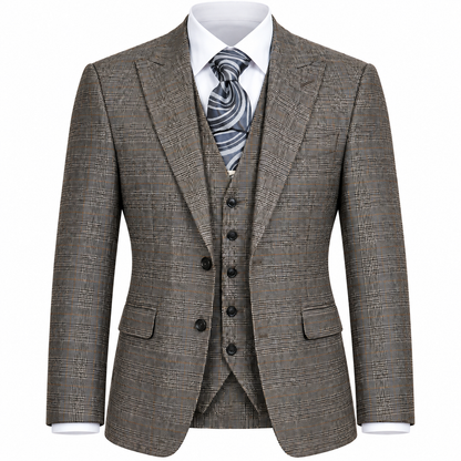 suit-yourself-menswear Canuti brown plaid 3 piece suit with tailored jacket, matching vest, and patterned necktie.