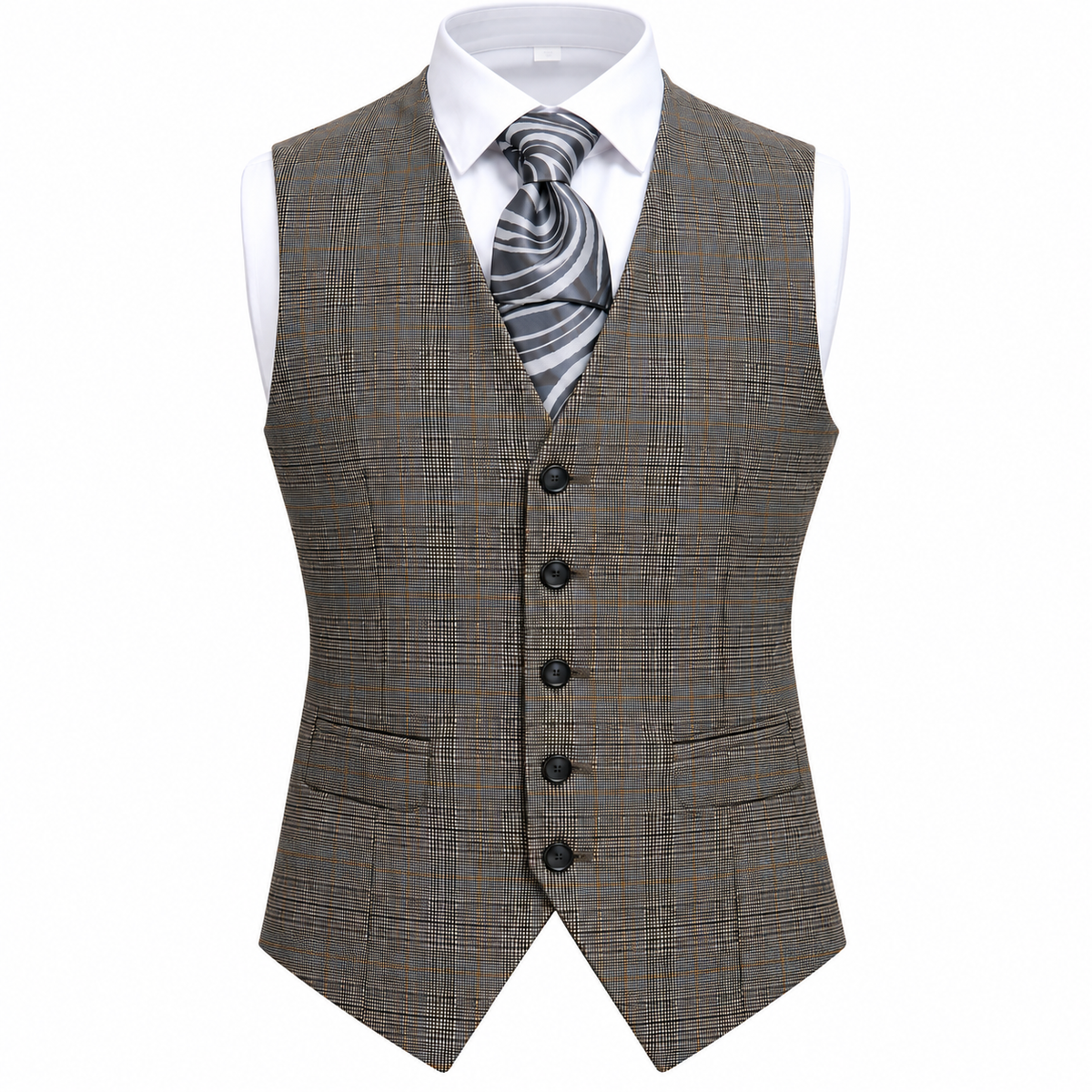 suit-yourself-menswear Canuti brown plaid 3 piece suit vest with a white shirt and grey patterned tie