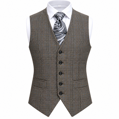 suit-yourself-menswear Canuti brown plaid 3 piece suit vest with a white shirt and grey patterned tie