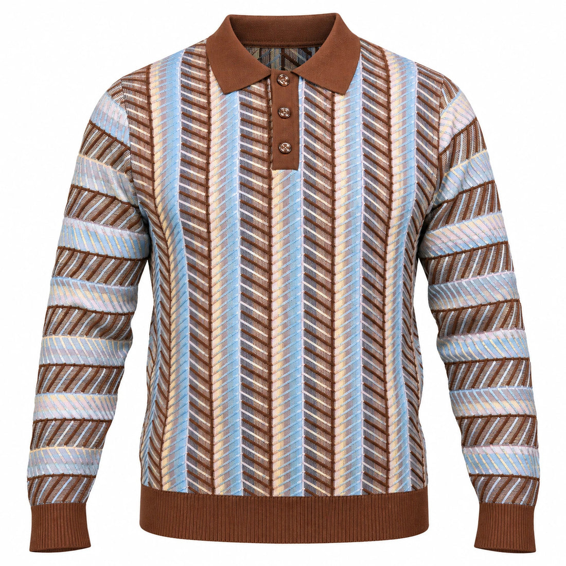 suit-yourself-menswear brown polo sweater with blue and cream vertical chevron stripe pattern and button placket