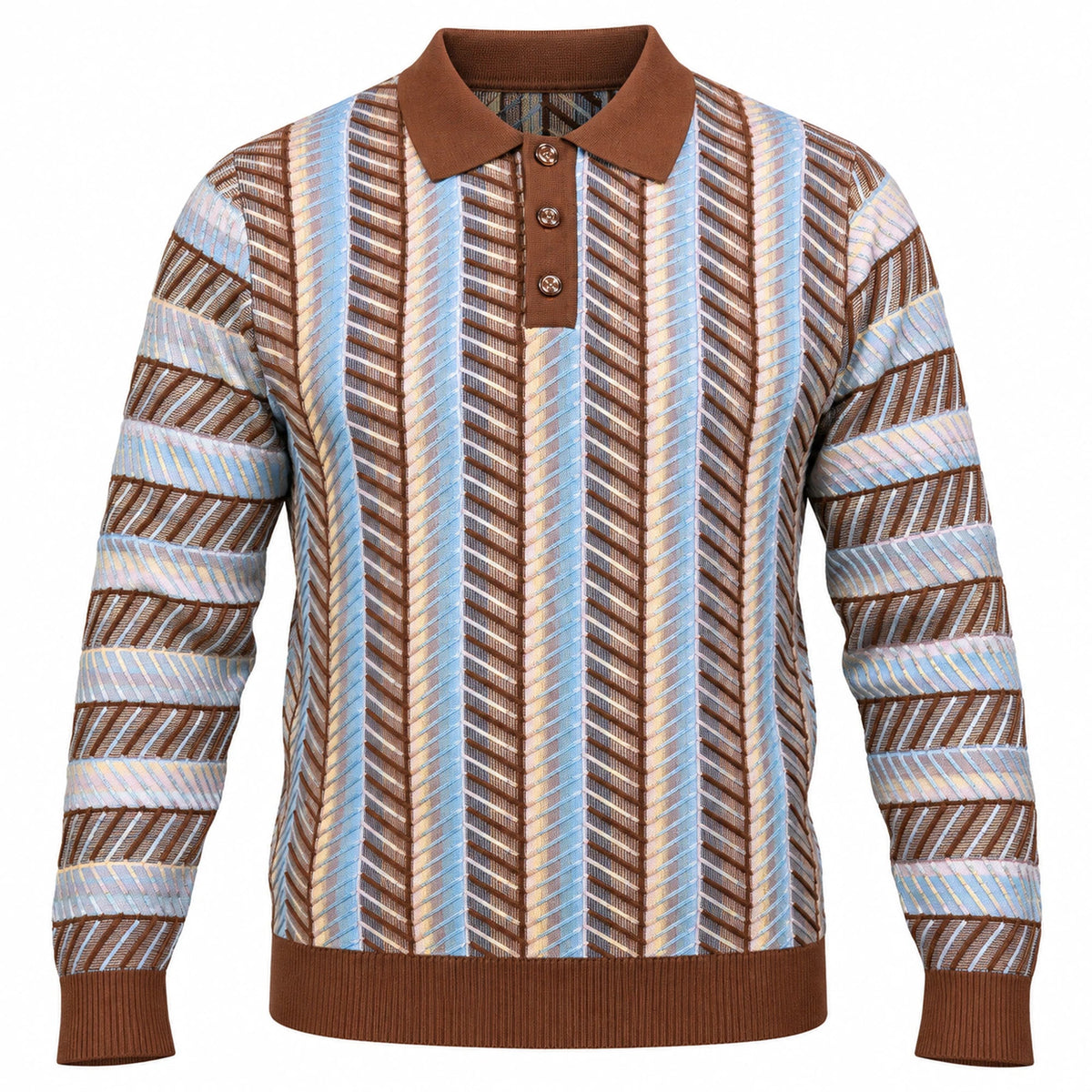 suit-yourself-menswear brown polo sweater with blue and cream vertical chevron stripe pattern and button placket