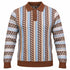 suit-yourself-menswear brown polo sweater with blue and cream vertical chevron stripe pattern and button placket