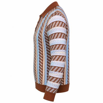 suit-yourself-menswear Prestige Original brown polo sweater with blue and white diagonal striped knit pattern