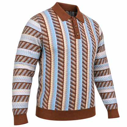 suit-yourself-menswear brown polo sweater with blue and cream diagonal striped knit pattern and button placket