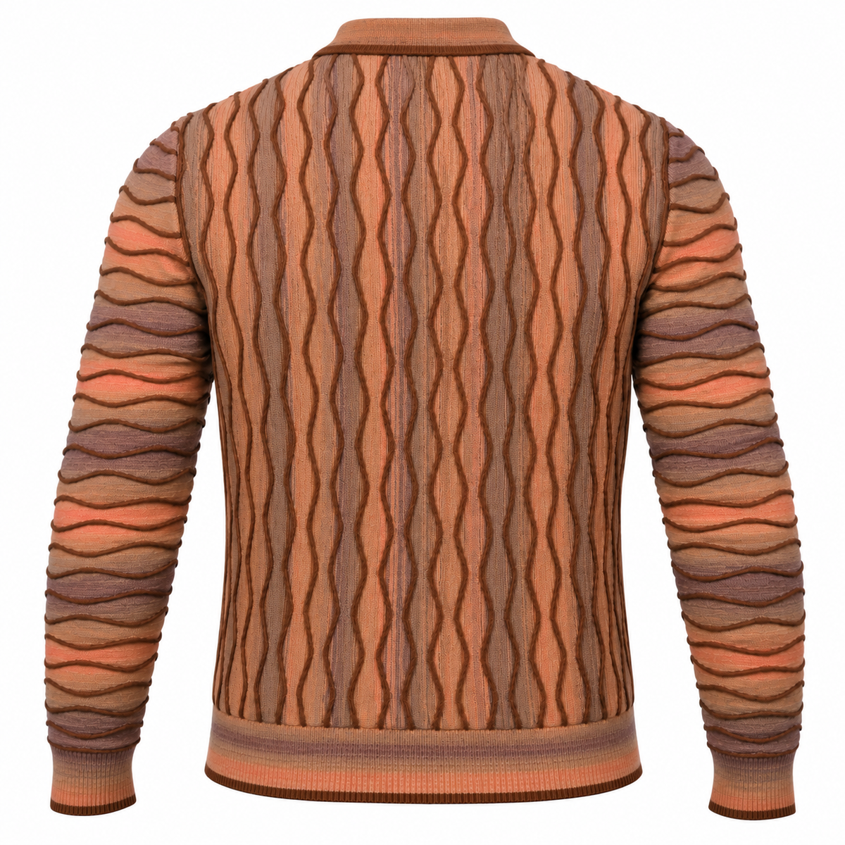 suit-yourself-menswear brown sweater with textured 90s-inspired wavy knit patterns and ribbed trim, back view