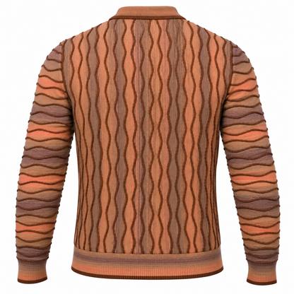 suit-yourself-menswear brown sweater with textured 90s-inspired wavy knit patterns and ribbed trim, back view