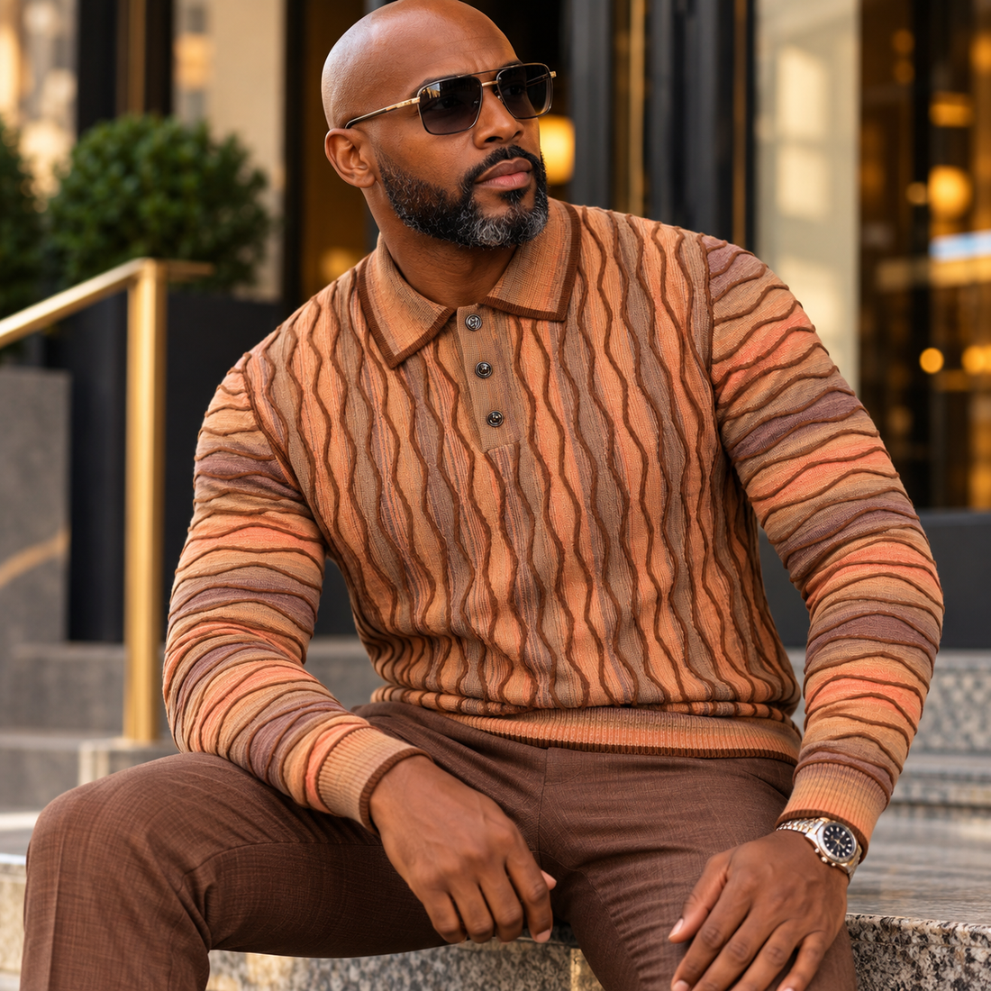 suit-yourself-menswear Prestige brown sweater with textured multicolor knit patterns and polo collar on a model