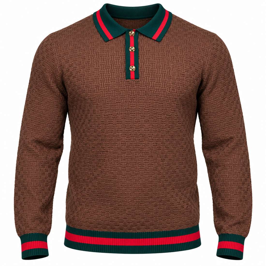 suit-yourself-menswear brown textured knit polo sweater with green and red striped trim and gold button placket