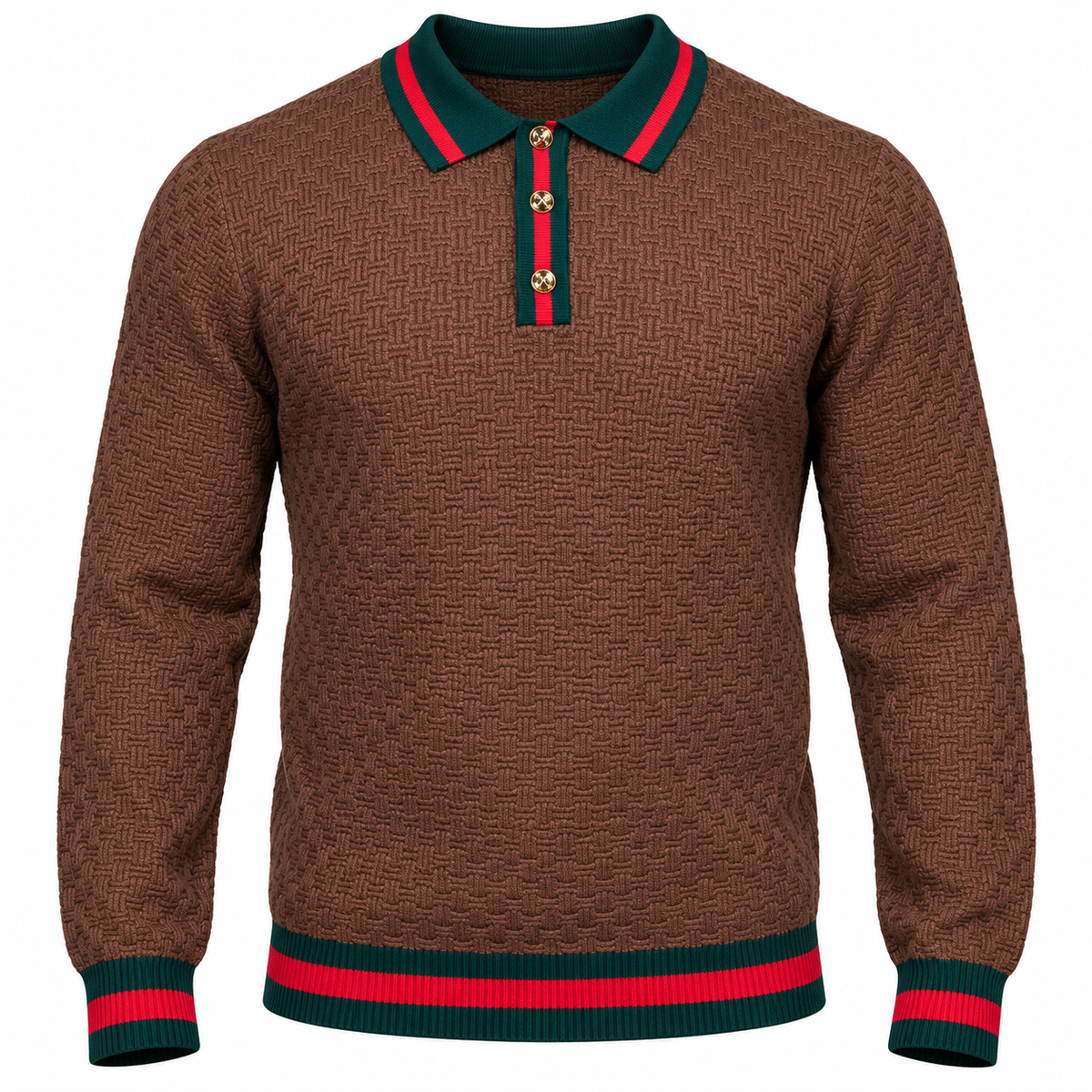 suit-yourself-menswear brown textured knit polo sweater with green and red striped trim and gold button placket