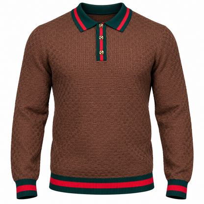 suit-yourself-menswear brown textured knit polo sweater with green and red striped trim and gold button placket