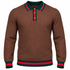 suit-yourself-menswear brown textured knit polo sweater with green and red striped trim and gold button placket