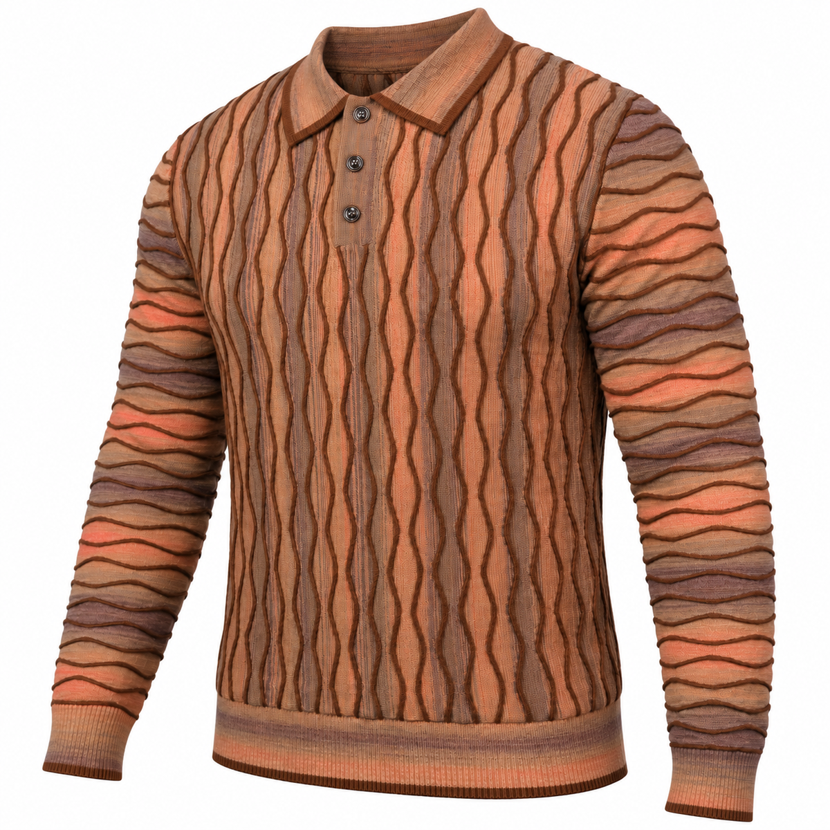 suit-yourself-menswear brown long-sleeve polo sweater with textured 90s-inspired wavy knit pattern
