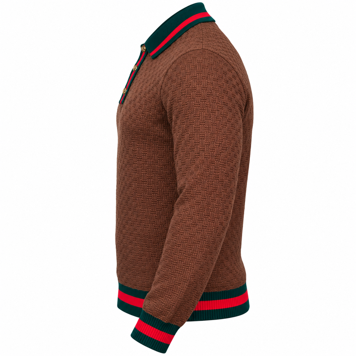 suit-yourself-menswear brown textured knit polo sweater with green and red striped trim and gold button placket