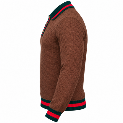 suit-yourself-menswear brown textured knit polo sweater with green and red striped trim and gold button placket